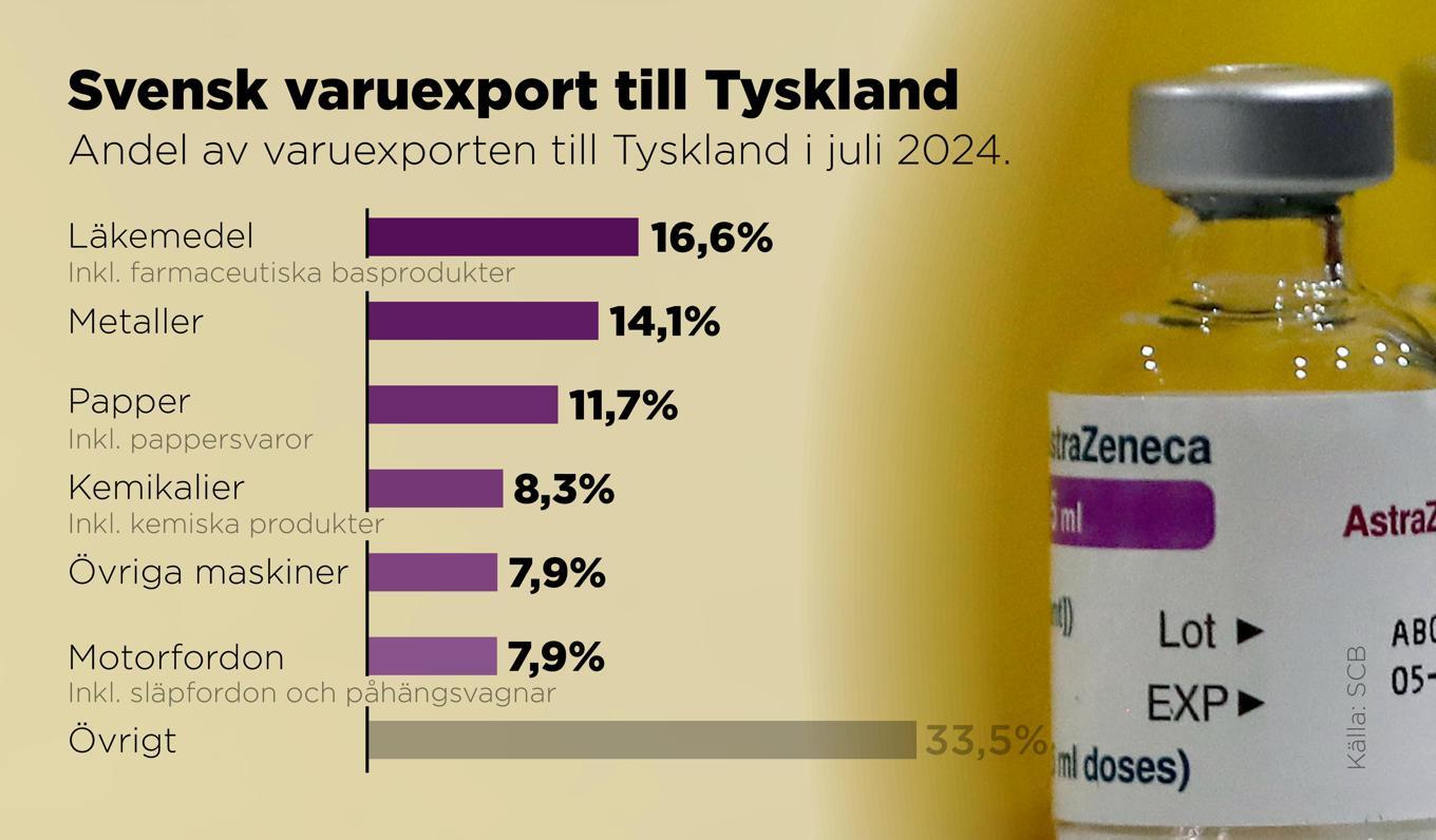 Andel av varuexporten till Tyskland i juli 2024. Foto: Anders Humlebo/TT