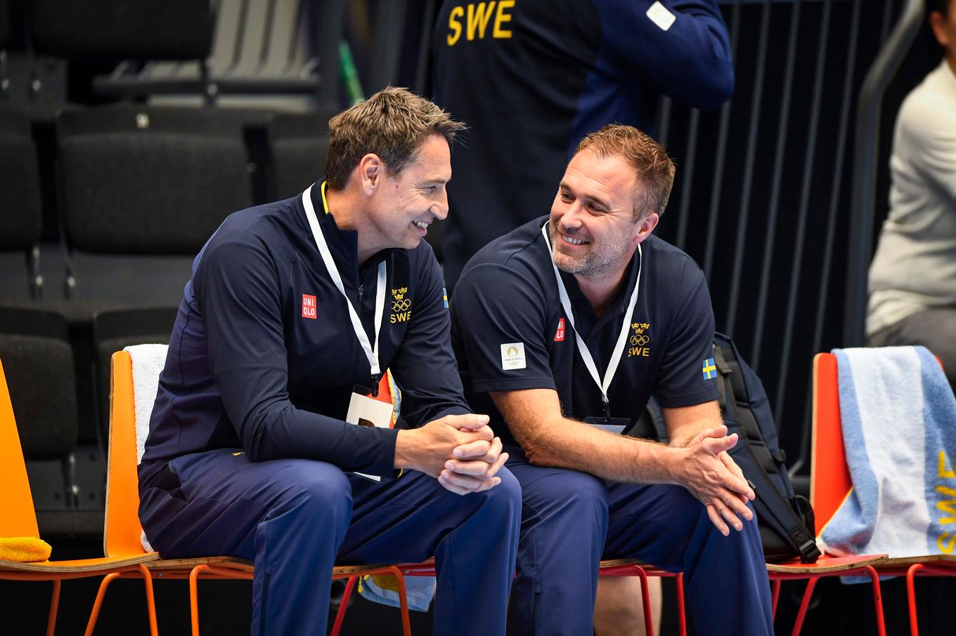 Michael Apelgren, till höger, tar över som förbundskapten i handboll efter Glenn Solberg, till vänster. Arkivbild. Foto: Oscar Olsson/TT