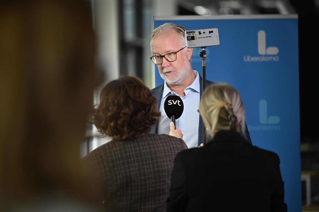 Utbildningsminister Johan Pehrson (L) vid en pressträff i Malmö. Foto: Johan Nilsson/TT