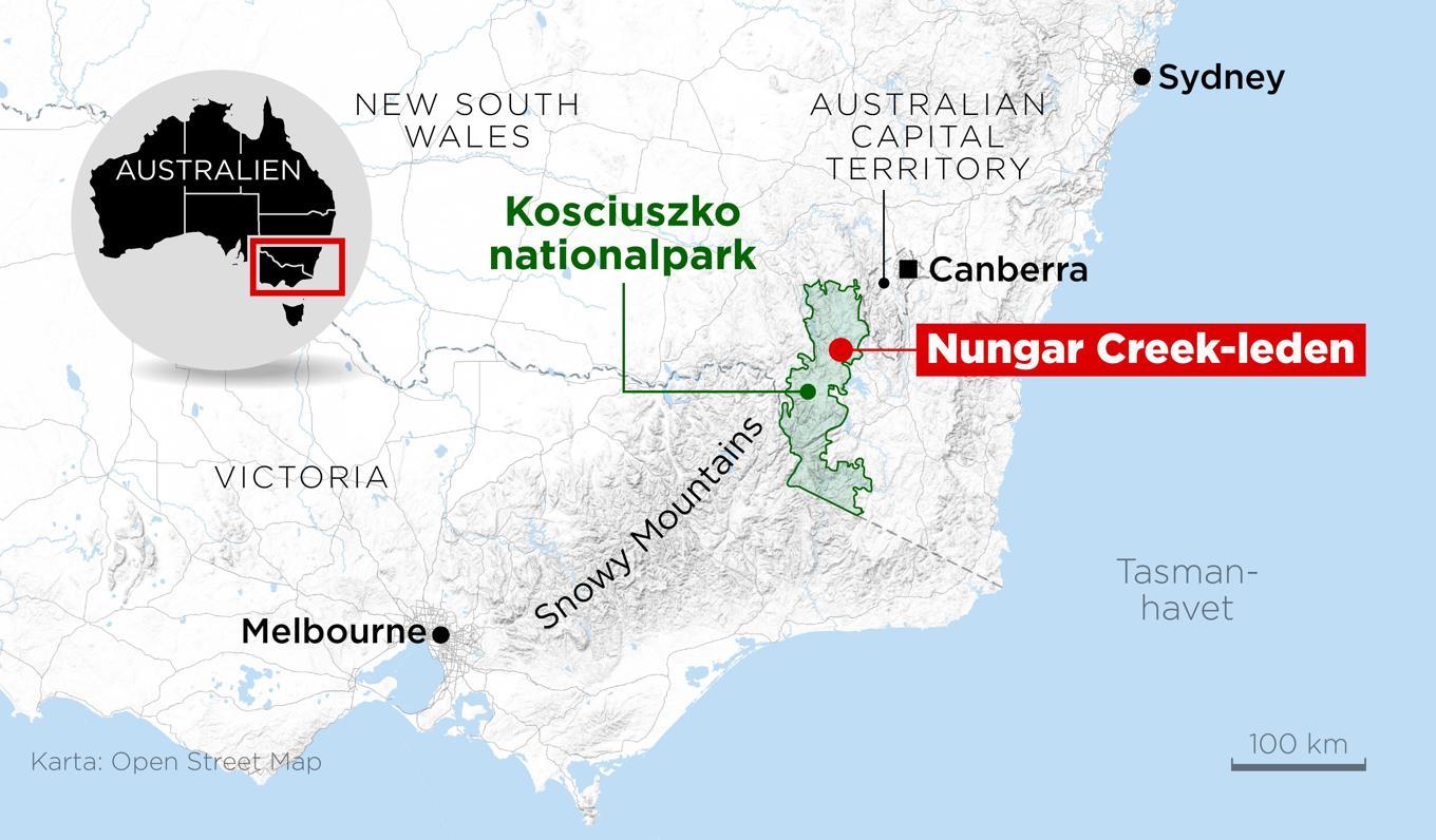 Efter att ha varit försvunnen i drygt en vecka har en svensk-australisk kvinna hittats vid liv i Kosciuszko nationalpark, längs med den så kallade Nungar Creek-leden, sydväst om Canberra. Foto: Anders Humlebo/TT