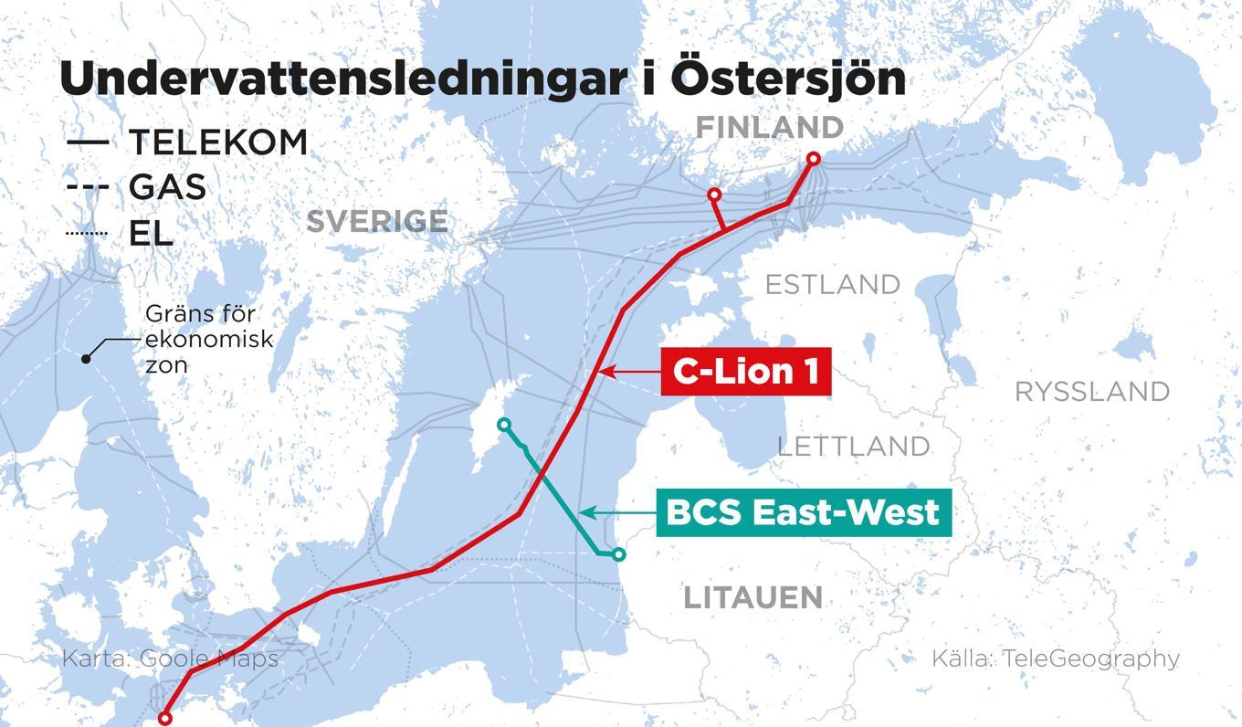 Skador har upptäckts på två telekommunikationskablar som ligger på Östersjöns botten, C-Lion 1 går mellan Finland och Tyskland och BCS East-West går mellan Litauen och Sverige. Foto: Anders Humlebo/TT