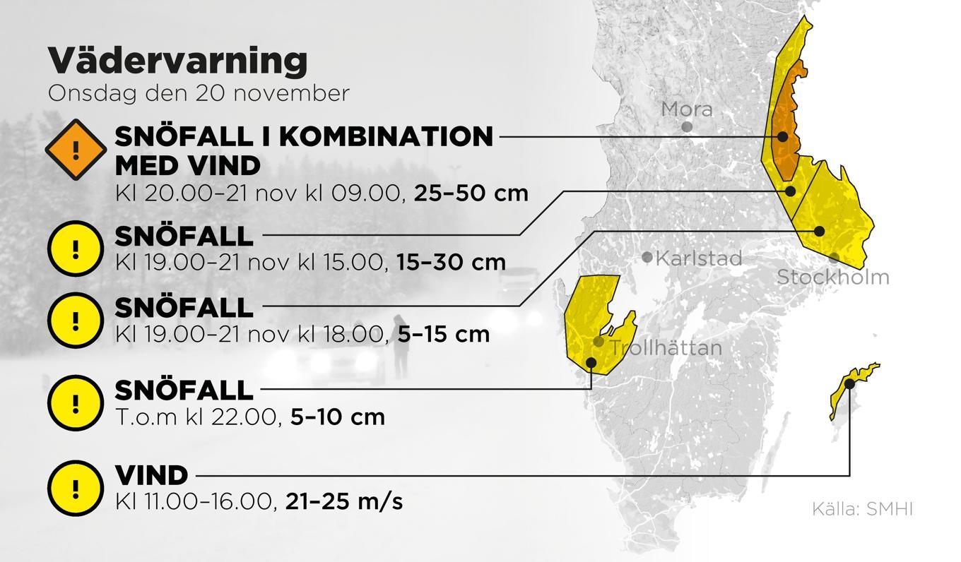 Vädervarningarna för den 20 november gäller vind, snöfall och snöfall i kombination med vind. Anders Humlebo/TT