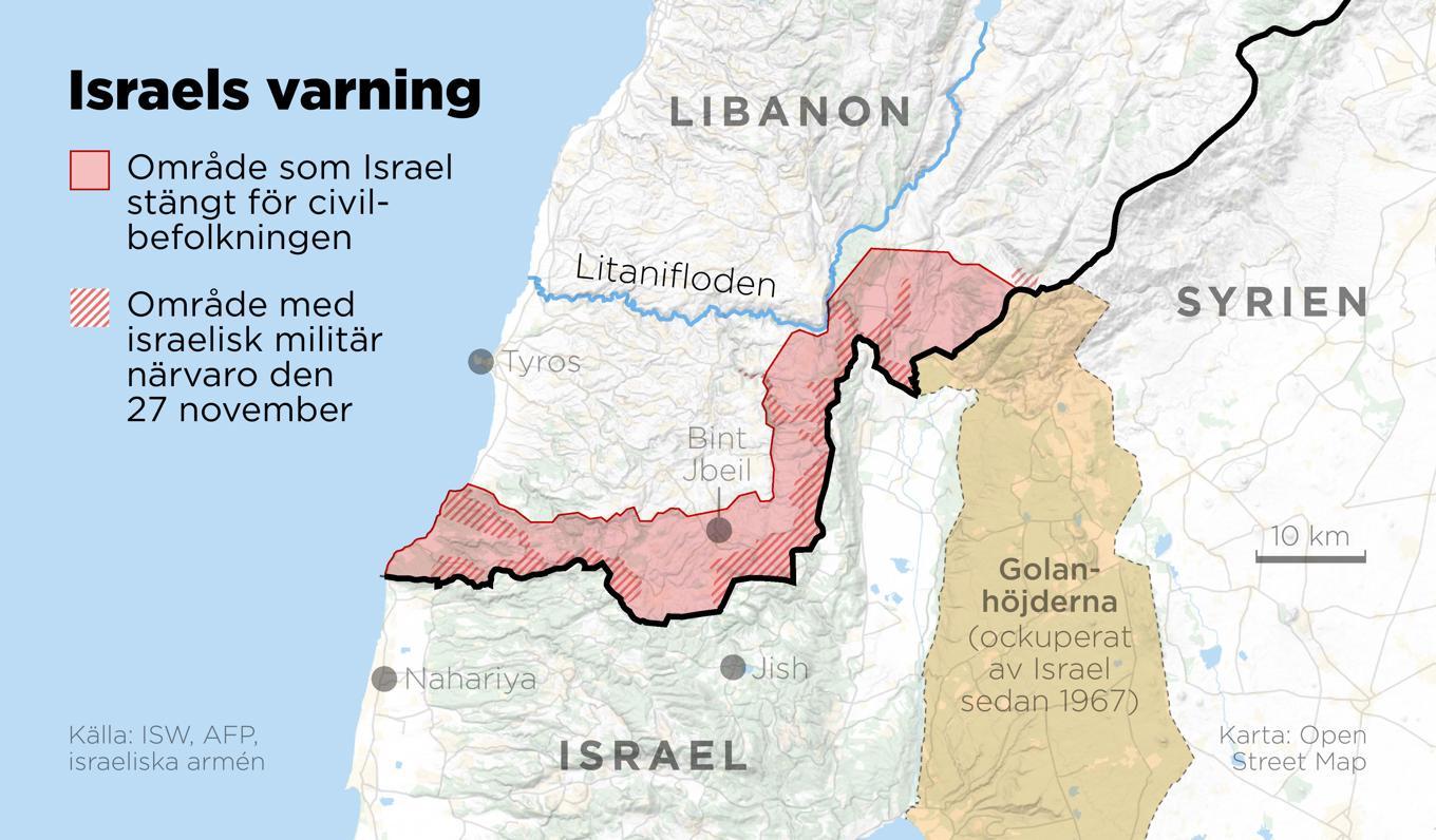 Israels armé uppmanar civilbefolkningen i Libanon att inte återvända till det rödmarkerade området. Foto: Anders Humlebo/TT