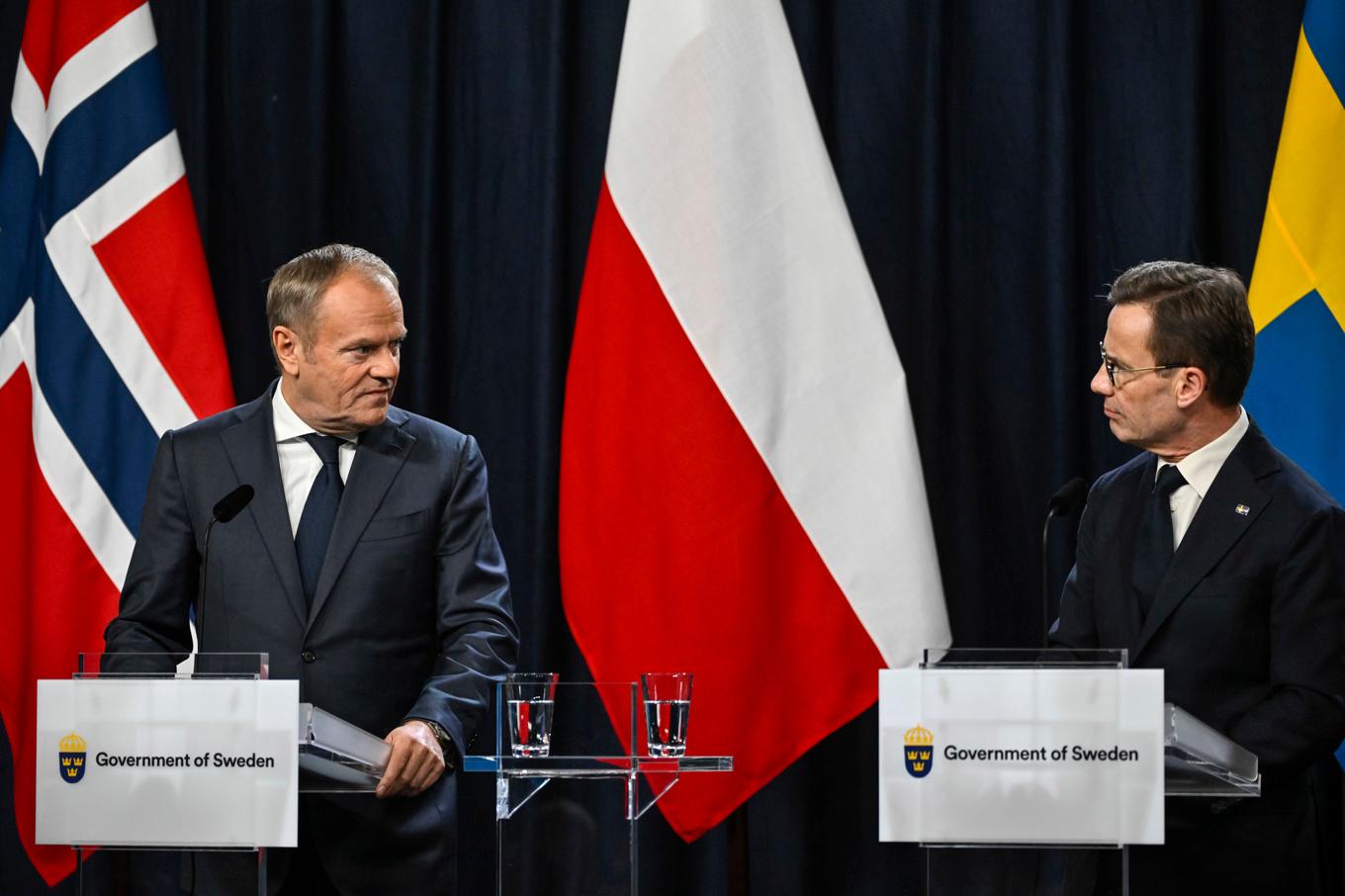 Polens premiärminister Donald Tusk och statsminister Ulf Kristersson under en pressträff på onsdagen. Foto: Henrik Montgomery/TT