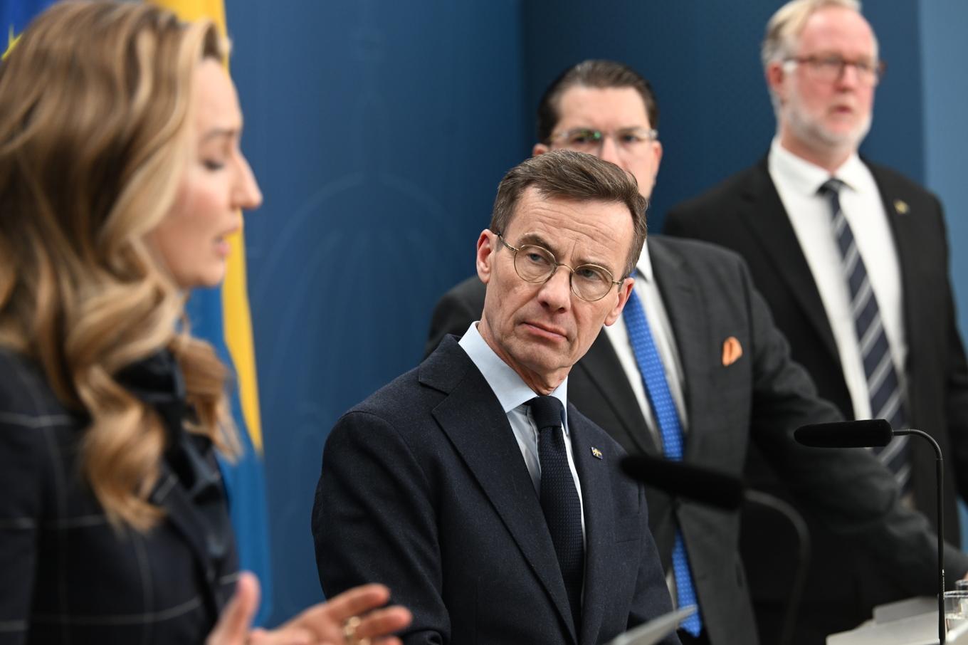 Tidöpartiernas ledare. Från vänster Ebba Busch (KD), Ulf Kristersson (M), Jimmie Åkesson (SD) och Johan Pehrson (L). Arkivbild. Foto: Fredrik Sandberg/TT