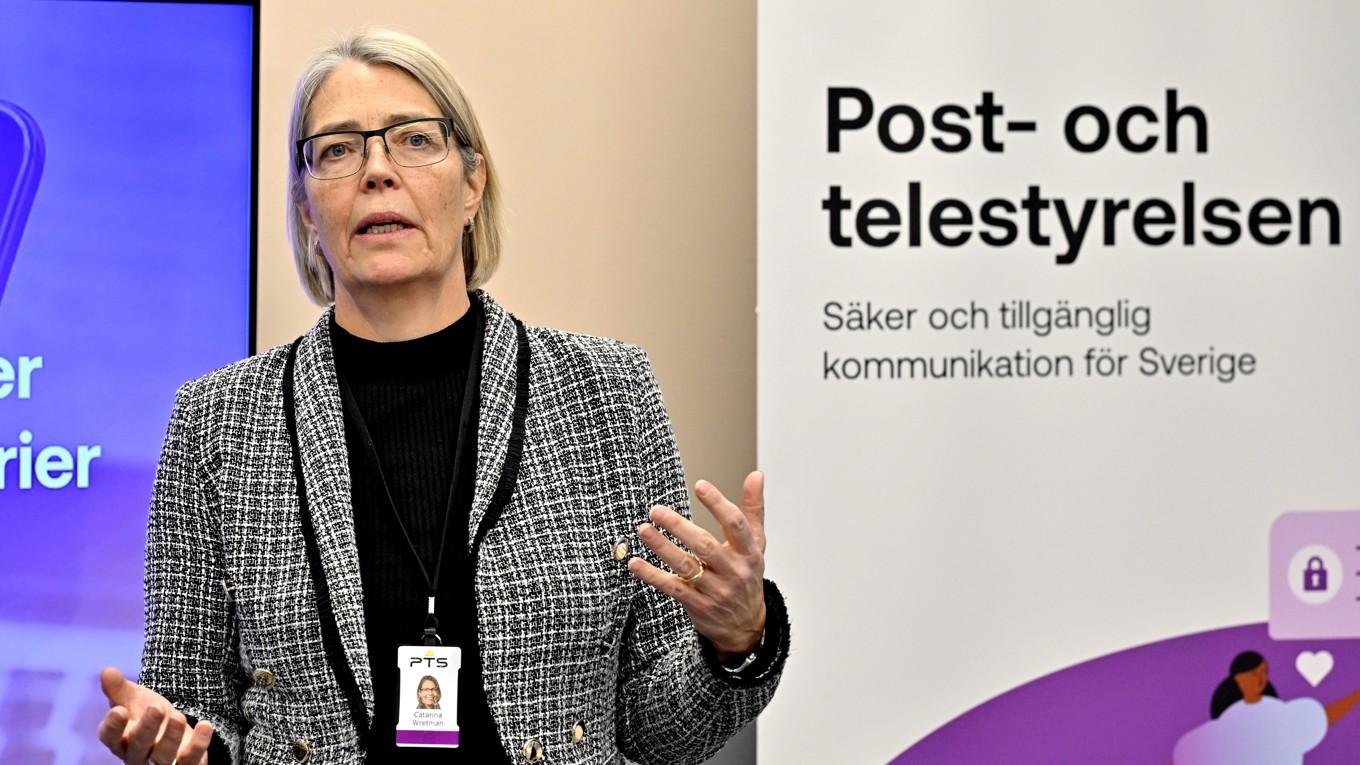 Catarina Wretman, tillförordnad generaldirektör för Post- och telestyrelsen (PTS) vid tisdagens pressträff. Foto: Jonas Ekströmer/TT