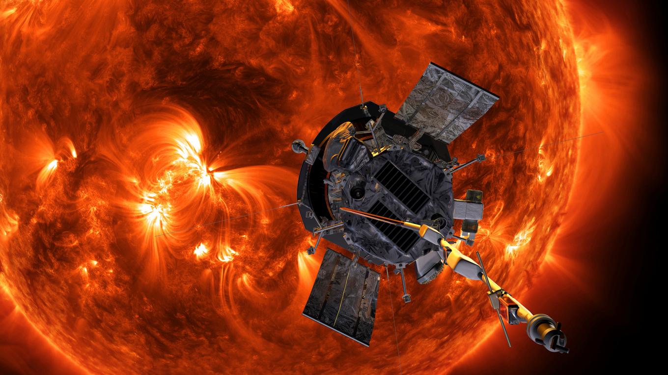 Konstnärlig tolkning, utskickad från Nasa, av farkosten Parker Solar Probe när den närmar sig solen. Foto: Steve Gribben/AP/TT