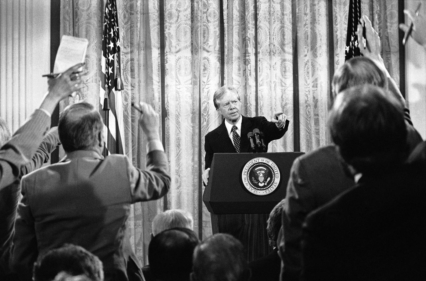 USA:s dåvarande president Jimmy Carter vid en pressträff i Vita huset i april 1980. Arkivbild. Foto: Dennis Cook/AP/TT