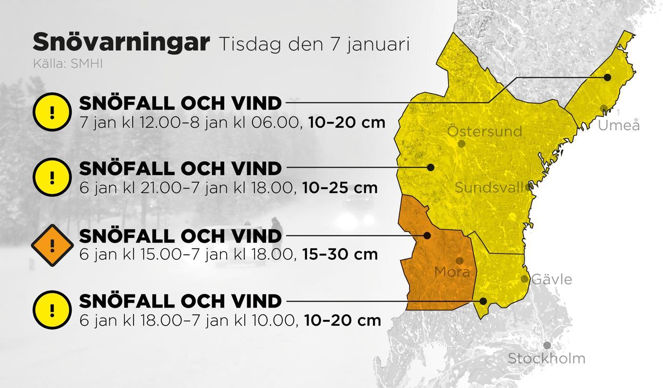 Varningarna för den 7 januari gällande snöfall i kombination med vind. Foto: Anders Humlebo/TT