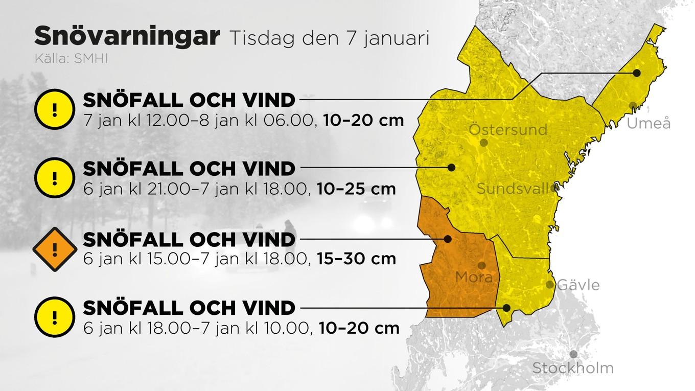 Varningarna för den 7 januari gällande snöfall i kombination med vind. Foto: Anders Humlebo/TT