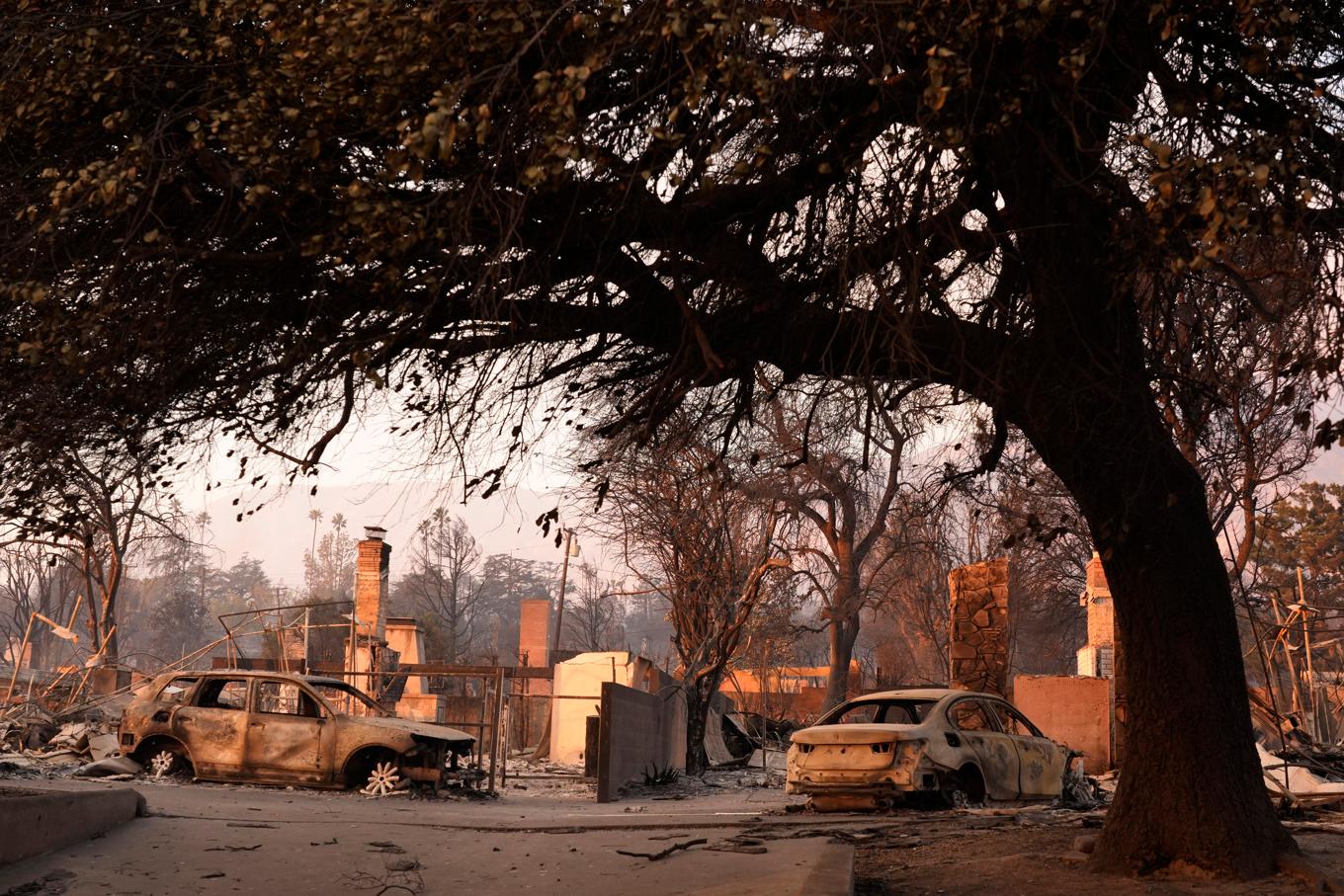 Förstörda hus i Altadena i USA-delstaten Kalifornien på torsdagen. Foto: Chris Pizzello/AP/TT