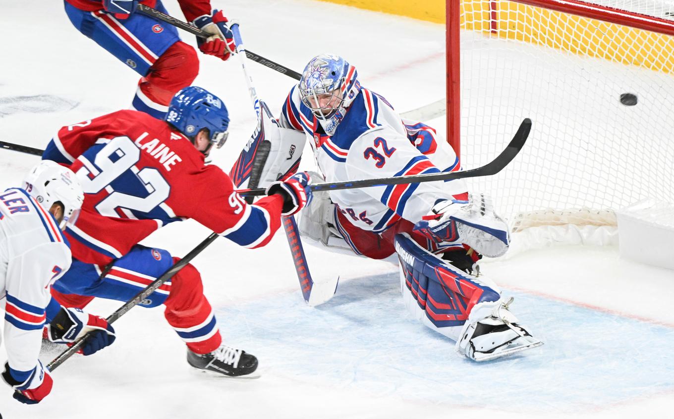 Montreals finske anfallare Patrik Laine gör det vinnande målet mot New York Rangers i förlängningen. Foto: Graham Hughes/AP/TT