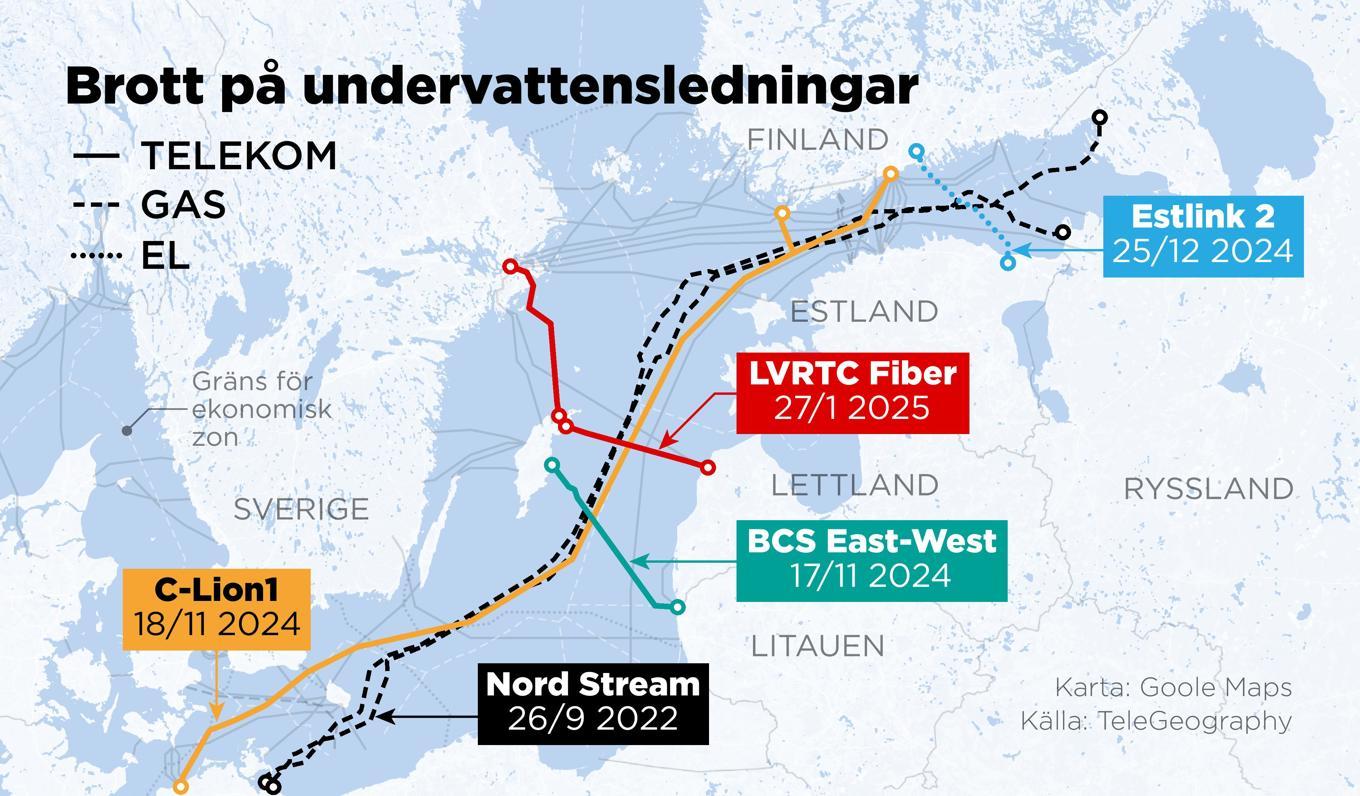 Kartan visar några av de viktigaste undervattensledningarna i Östersjön. Foto: Anders Humlebo/TT