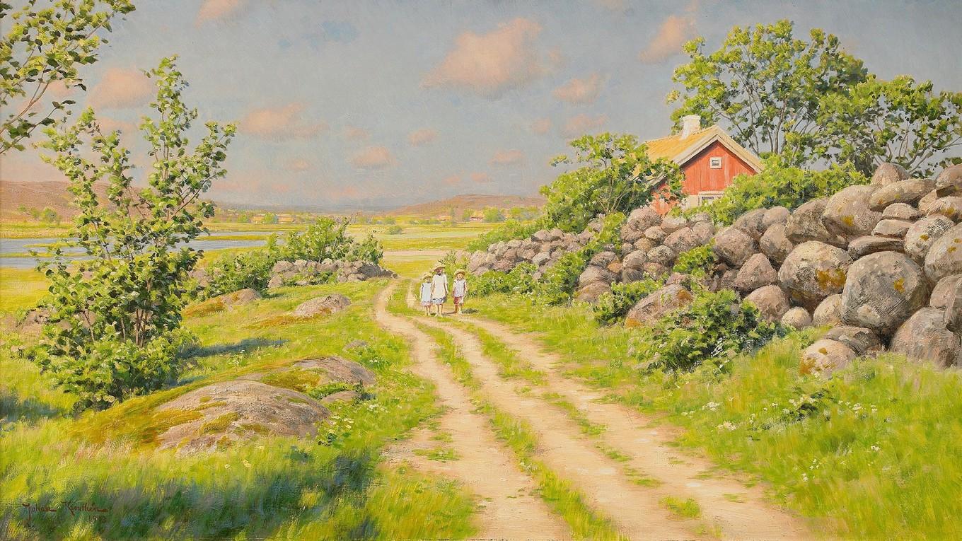 Sommarlandskap med vandrande barn, en målning av Johan Krouthén (1858–1932). Foto: Public Domain