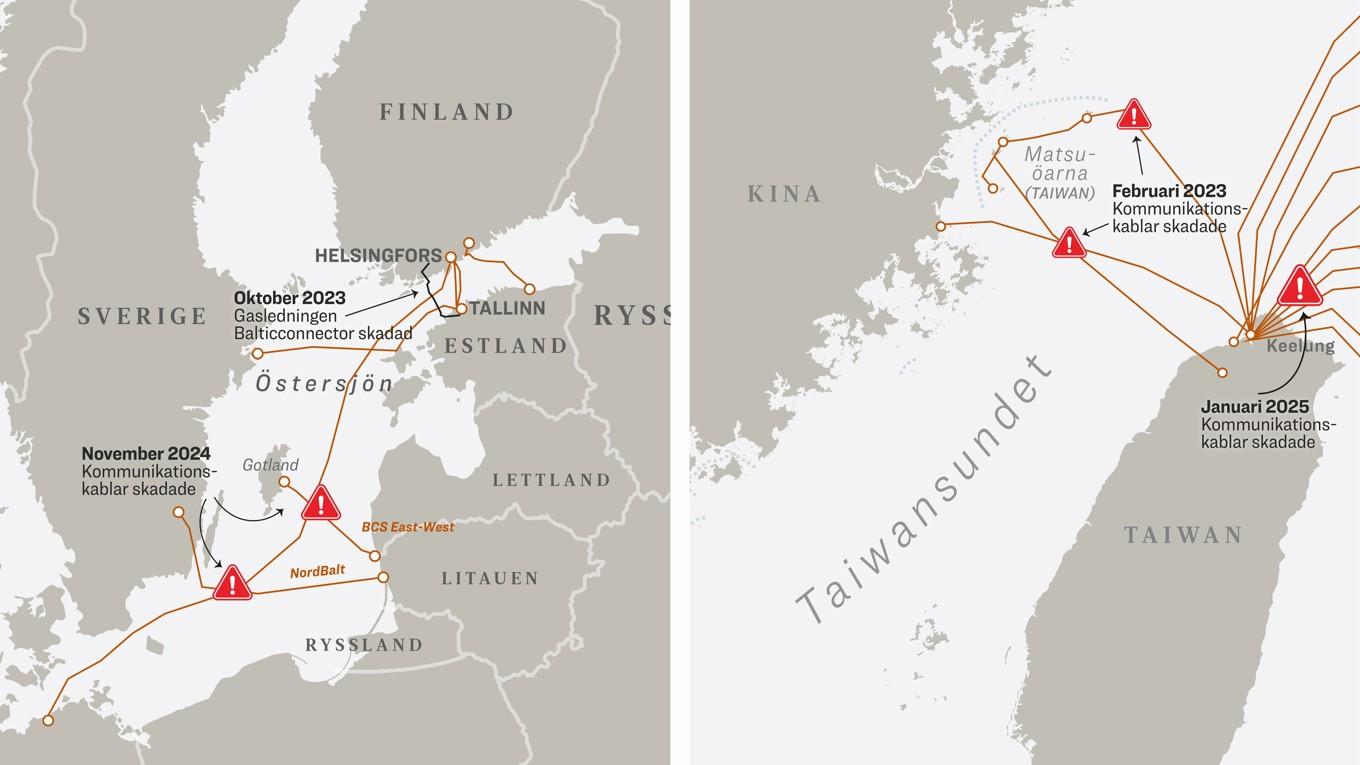 Kartorna visar några av de kabelbrott som Kina tros vara inblandat i sedan 2023. Foto: Illustration av Epoch Times och Shutterstock. Källor: TeleGeography och Global Energy Monitor