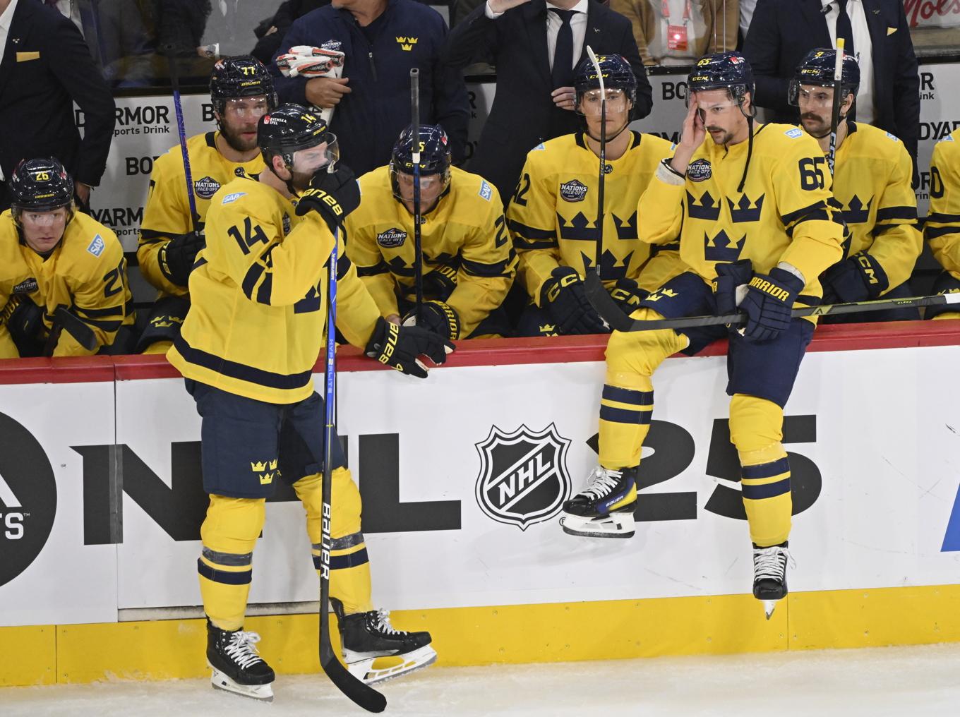 Mattias Ekholm (14) och Erik Karlsson deppar vid det svenska avbytarbåset. Foto: Jonas Ekströmer/TT