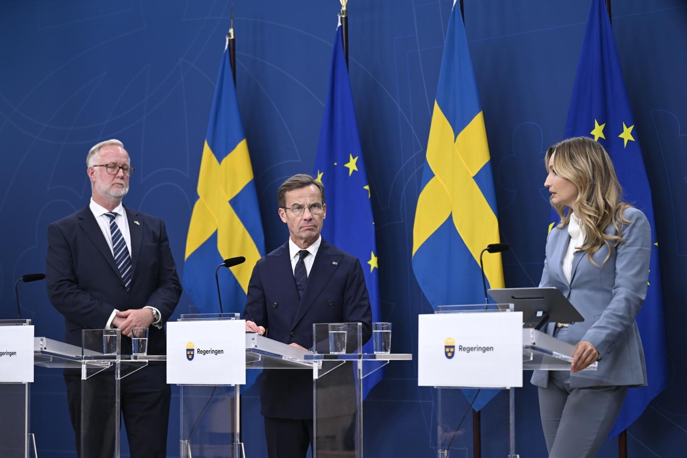 Utbildningsminister Johan Pehrson (L), statsminister Ulf Kristersson (M) och energi- och näringsminister Ebba Busch (KD). Arkivbild. Foto: Pontus Lundahl/TT