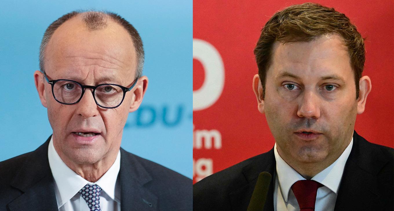 CDU-ledaren Friedrich Merz och SPD-ledaren Lars Klingbeil inleder i dag första samtal i Berlin om en möjlig regeringsbildning. Foto: AP/AFP/TT (Montage)