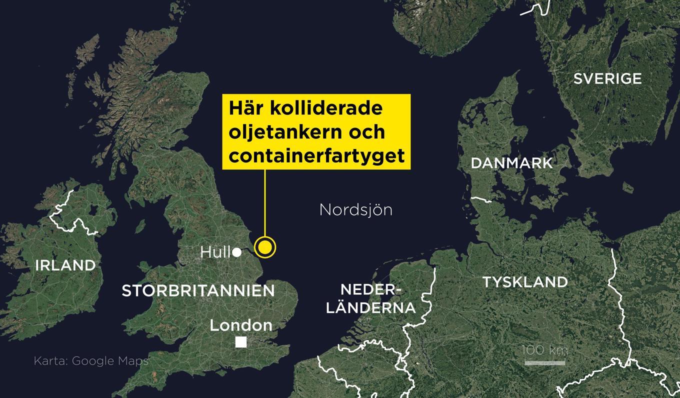 En svenskägd oljetanker och ett containerskepp har kolliderat i Nordsjön 15 km från kusten. Foto: Anders Humlebo/TT