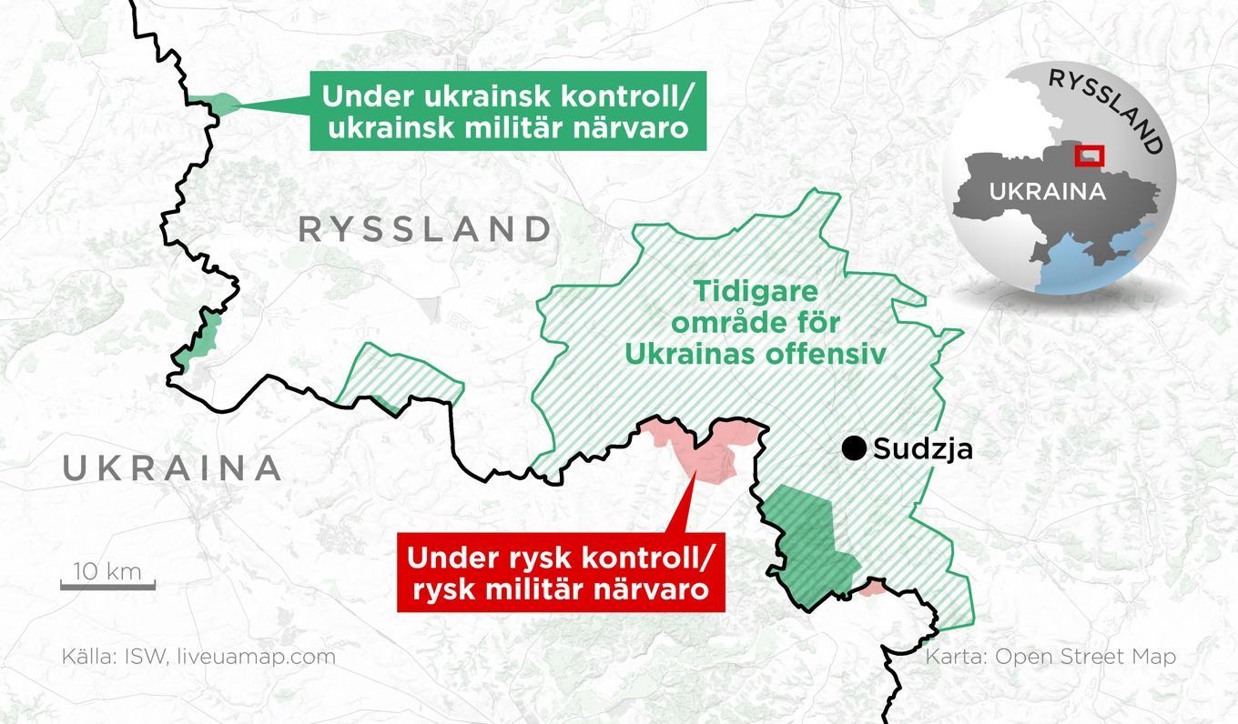 Kartan visar tidigare områden för den ukrainska offensiven i Kursk samt områden med rysk respektive ukrainsk militär närvaro eller kontroll. Foto: Anders Humlebo/TT