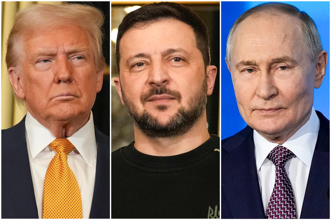 Tre presidenter. Från vänster: USA:s Donald Trump, Ukrainas Volodymyr Zelenskyj samt Rysslands Vladimir Putin. Arkivbild. Foto: Foto: Aurelien Morissard/Pavel Bednyakov/AP/TT