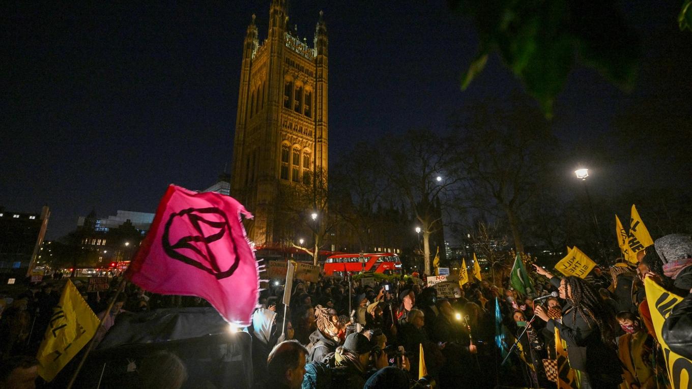 Demonstration utanför brittiska överhuset i London i januari. Kritiker av lagförslaget och användning av ansiktsigenkänningsteknik menar att det hotar demonstrationsfriheten och inkräktar på rätten till privatliv. Foto: Leon Neal/Getty Images