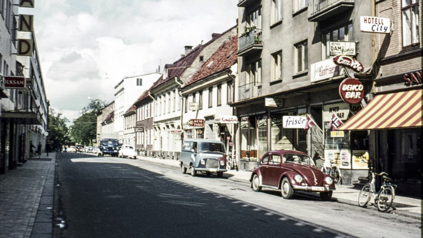 Vy över Östra Storgatan, Kristianstad. Foto från 1963. Foto: Pressbild
