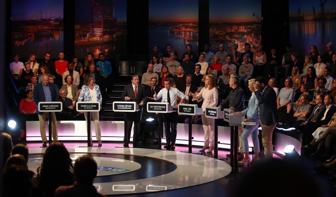 Expressens och Dagens Industris partiledardebatt med Jonas Sjöstedt (V), Isabella Lövin (MP) Stefan Löfven (S), Ulf Kristersson (M), Annie Lööf (C), Jan Björklund (L), Ebba Busch Thor (KD) och Jimmie Åkesson (SD). Foto: Adam Ihse/TT