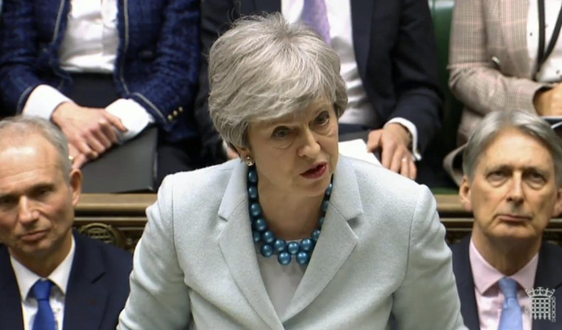 Premiärminister Theresa May under ett anförande i underhuset. Foto: House of Commons/AP/TT