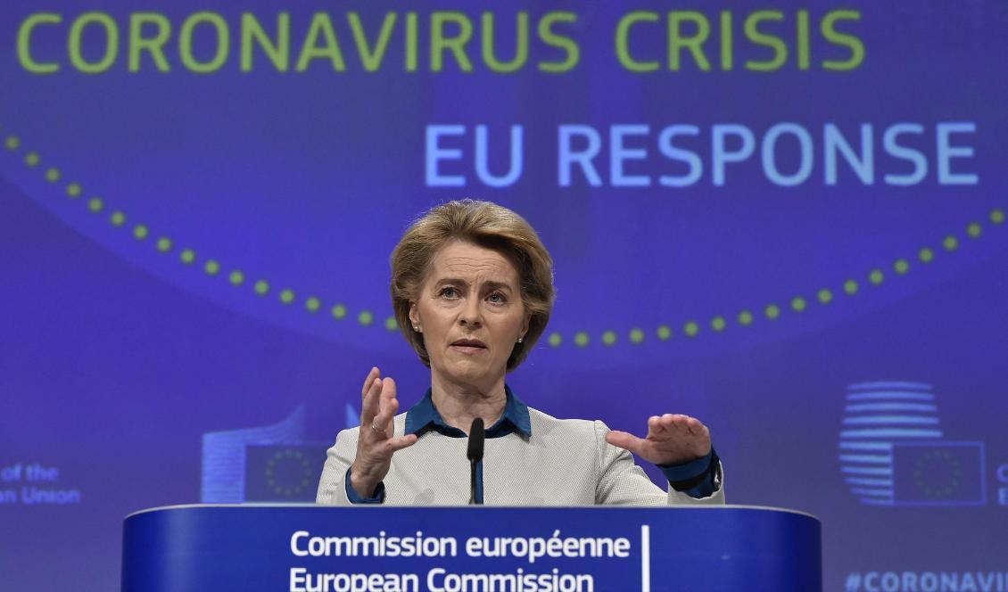 EU-kommissionens ordförande Ursula von der Leyen presenterar EU:s strategi för en återhämtning efter coronakrisen. Foto: John Thys/AP/TT