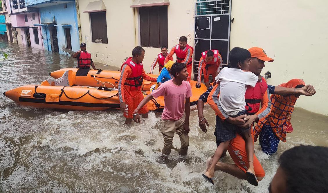 Räddningspersonal hjälper översvämningsdrabbade i delstaten Uttarakhand i norra Indien. Foto: NDRF/AP/TT