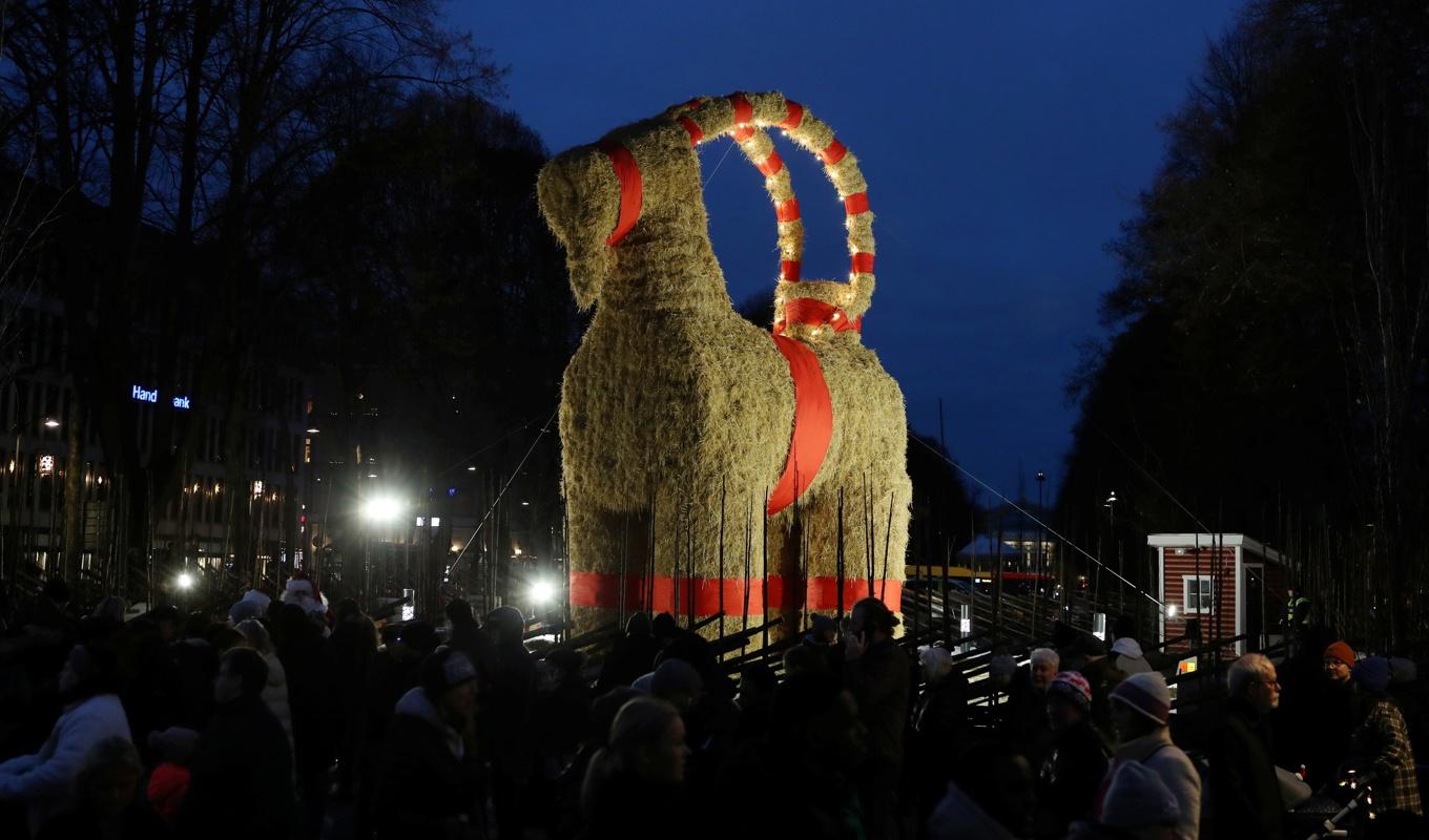 Gävlebocken invigdes första advent, på den nya tillfälliga platsen på Rådhusesplanaden i centrala Gävle. Arkivbild. Foto: Mats Åstrand/TT