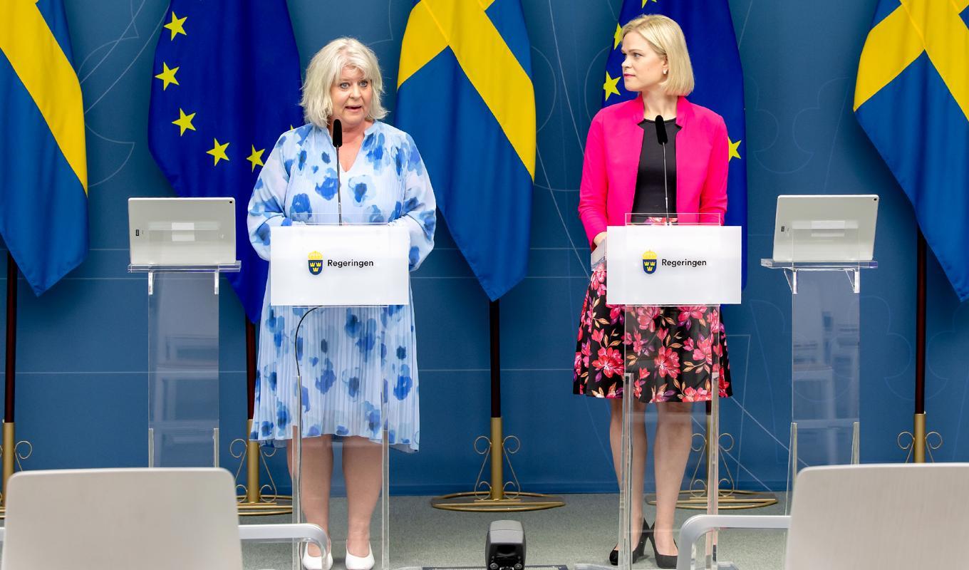 Socialtjänstminister Camilla Waltersson Grönvall och jämställdhetsminister Paulina Brandberg presenterade på måndagen en rad nya satsningar för skyddade boenden. Foto: Magnus Liljegren/Regeringkansliet