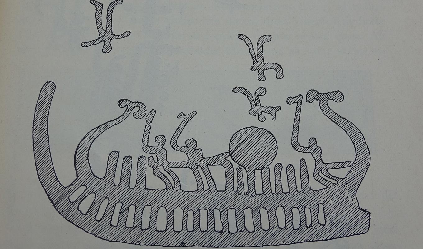 Bärbyskeppet i Rom, teckning från Oscar Almgrens bok Hällristningar och kultbruk, 1926–1927. Foto: Charlotte Fredriksson