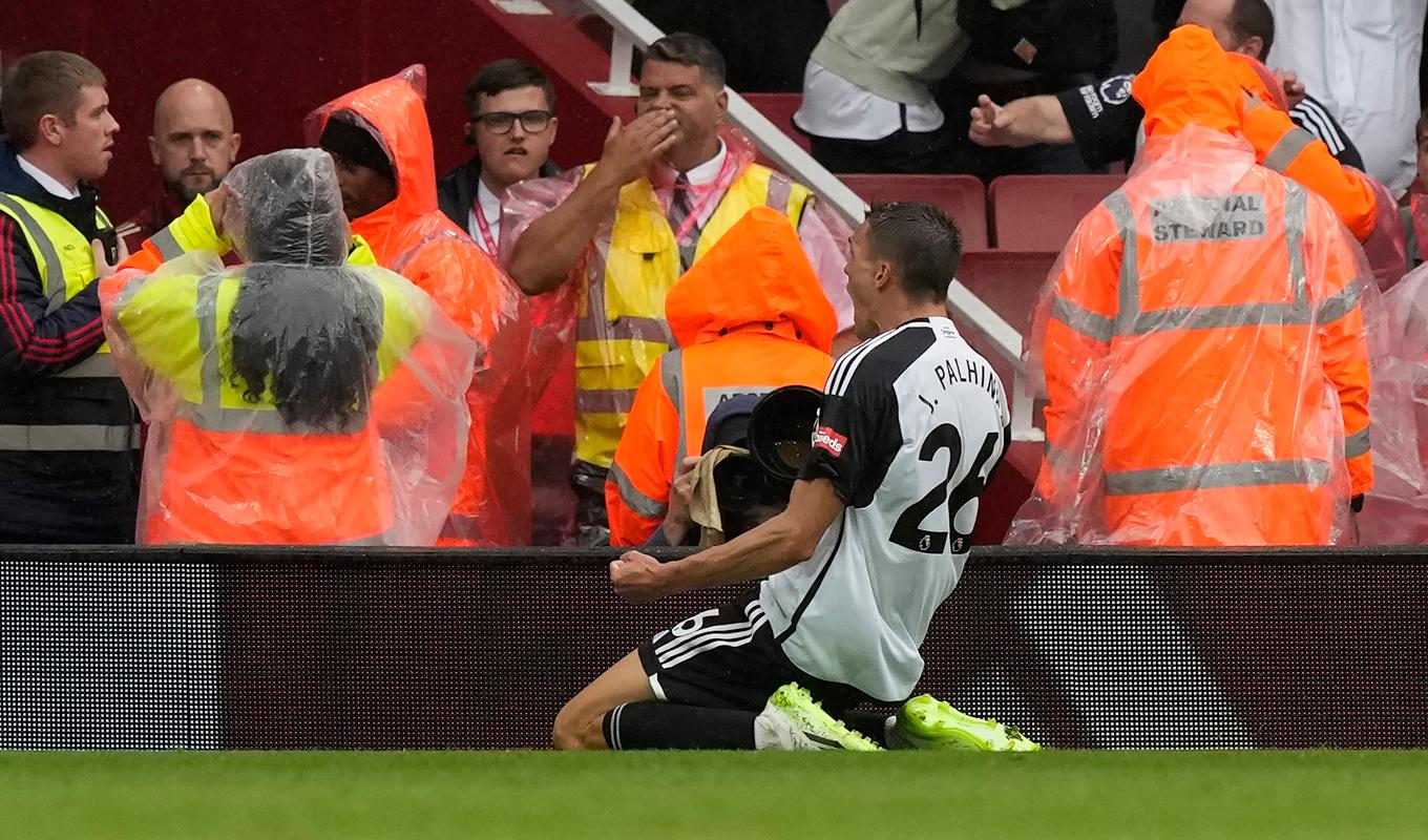 Fulhams Joao Palhinha firar 2–2-målet mot Arsenal. Foto: Frank Augstein/AP/TT