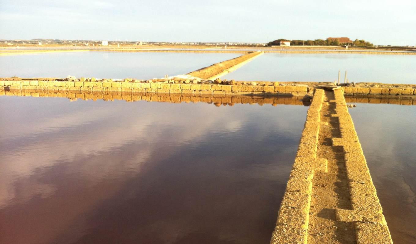 En saltgård – en salin – utanför Trapani på Sicilien. Metoden att utvinna salt genom att släppa in havsvatten i grunda bassänger är flera tusen år gammal. Foto: Privat