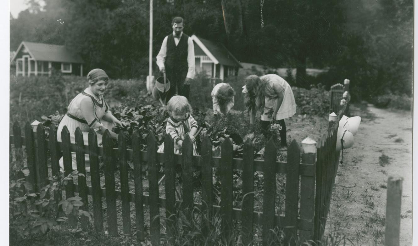 Familjen i sin koloniträdgård, när livet ännu är ljust. Ingeborg Holm visade på ett samhällsproblem och fick genomslag. Foto: Victor Sjöström och Henrik Jaenzon