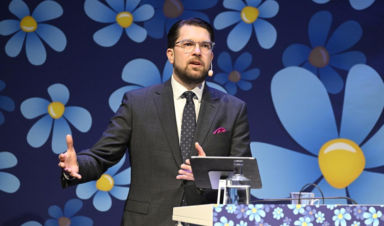 Partiledaren Jimmie Åkesson (SD) höll tal på partiets kongress i Västerås under lördagen. Foto: Jessica Gow/TT