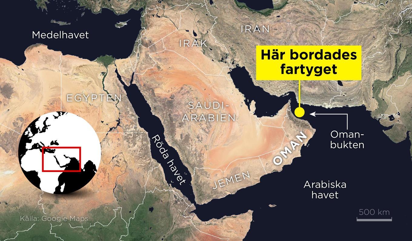 Kartan visar var ett fartyg bordades utanför Oman. Foto: Anders Humlebo