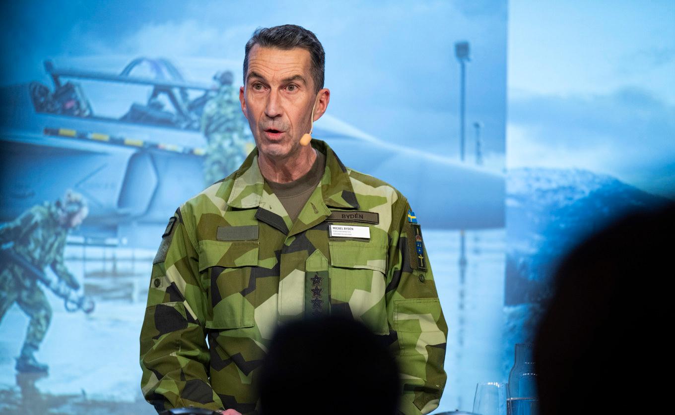 Överbefälhavare Micael Bydén talar på rikskonferensen Folk och Försvar 2024 på Sälens Högfjällshotell. Arkivbild. Foto: Pontus Lundahl/TT