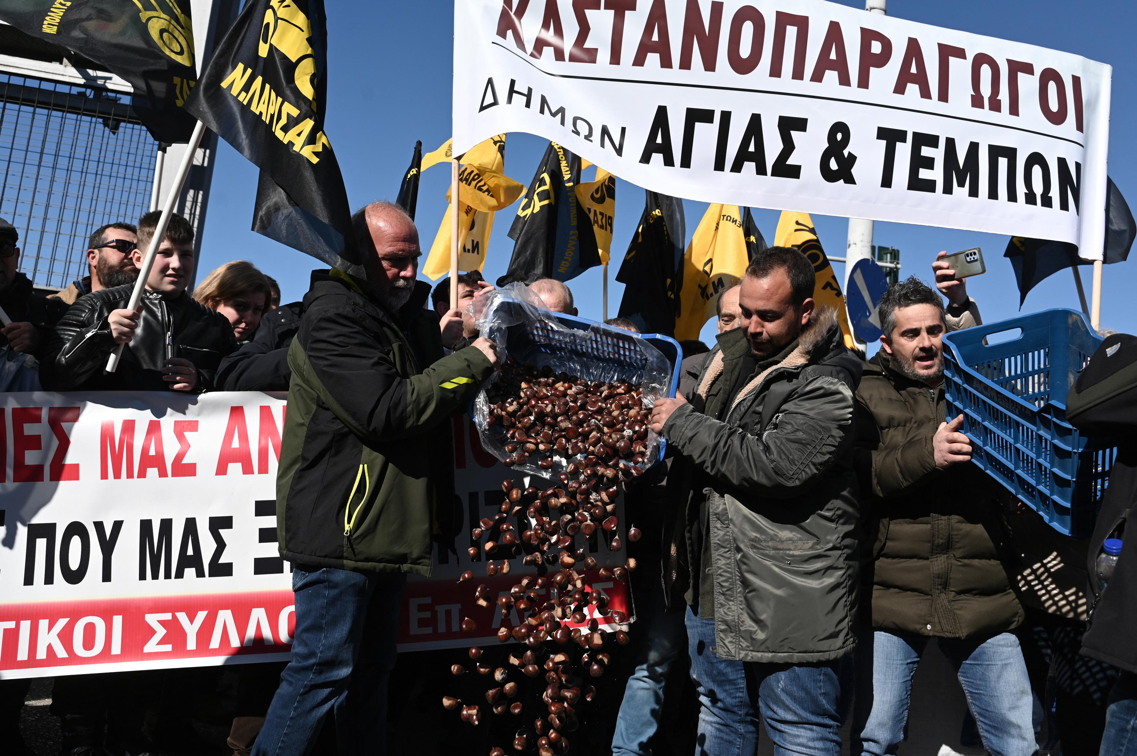 Lantbrukare dumpar förstörda kastanjer på trottoaren vid jordbruksmässan Agrotica i Thessaloniki i Grekland den 3 februari. Foto: Sakis Mitrolidis/AFP via Getty Images