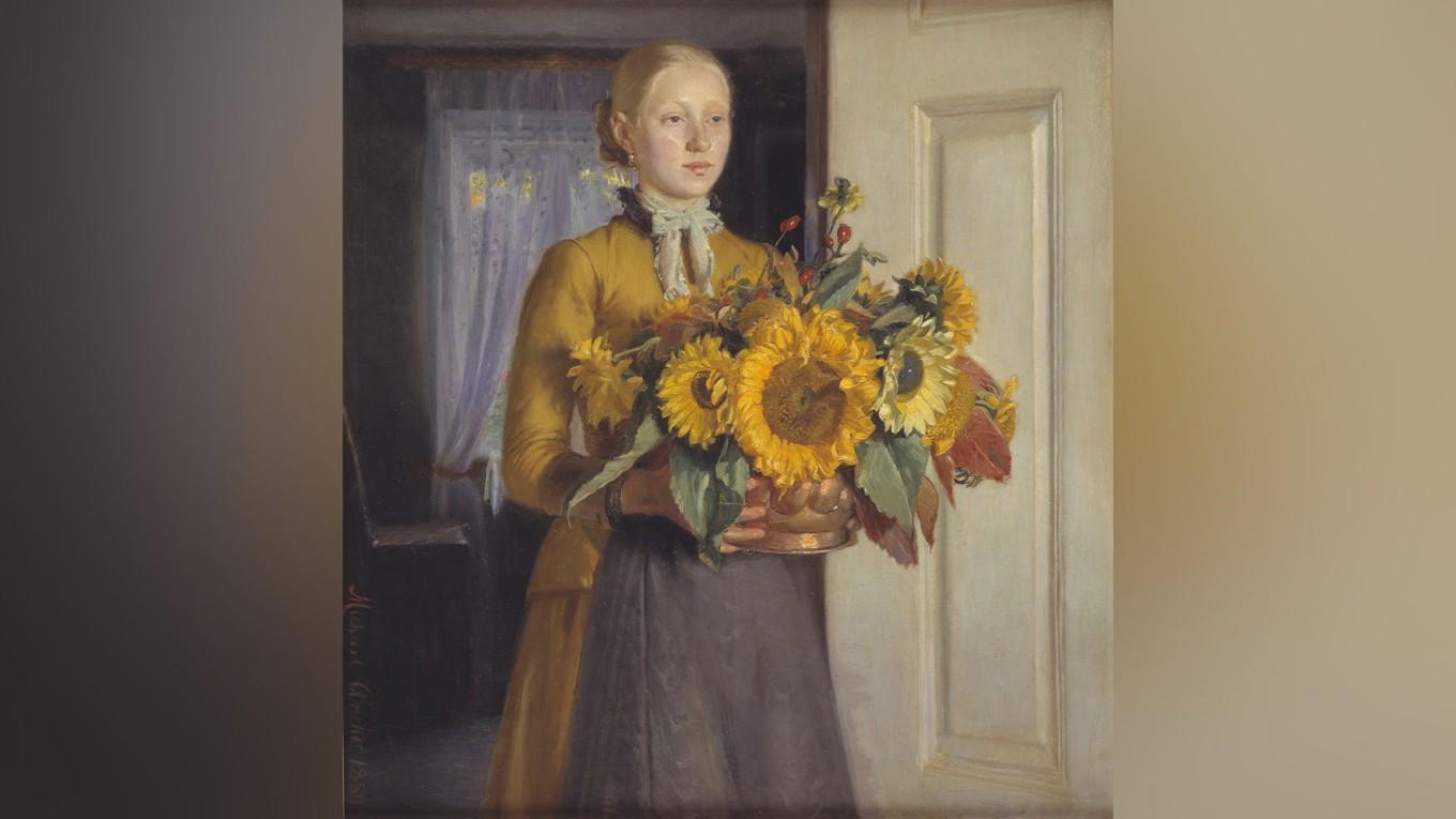 Konstmuseet Artipelag lyfter fram solrosen. ”Pigen med solsikkerne”, målad av Michael Ancher 1889. Foto:  Public Domain