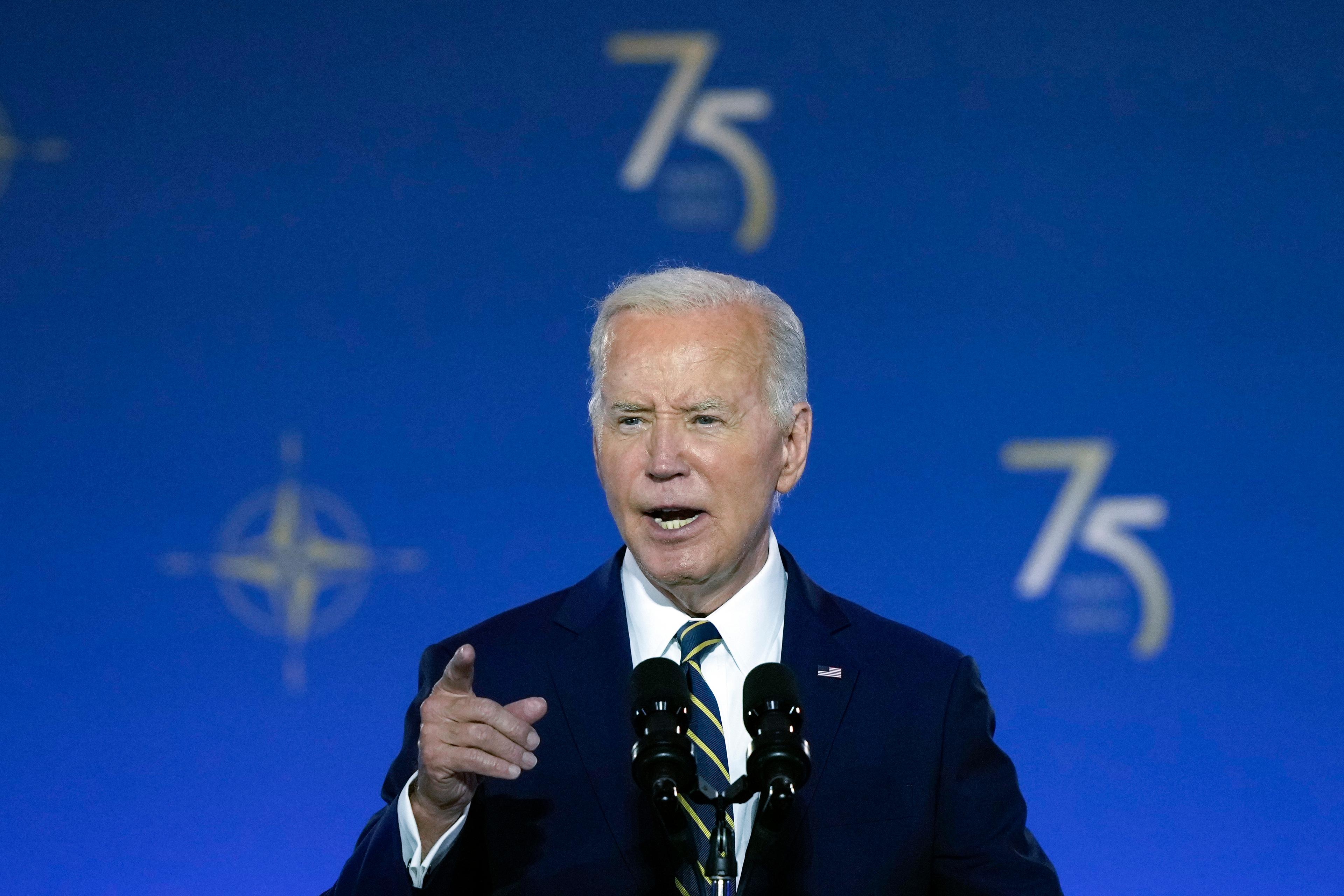 Joe Biden vid Nato-toppmötet i Washington. Foto: Susan Walsh/AP/TT