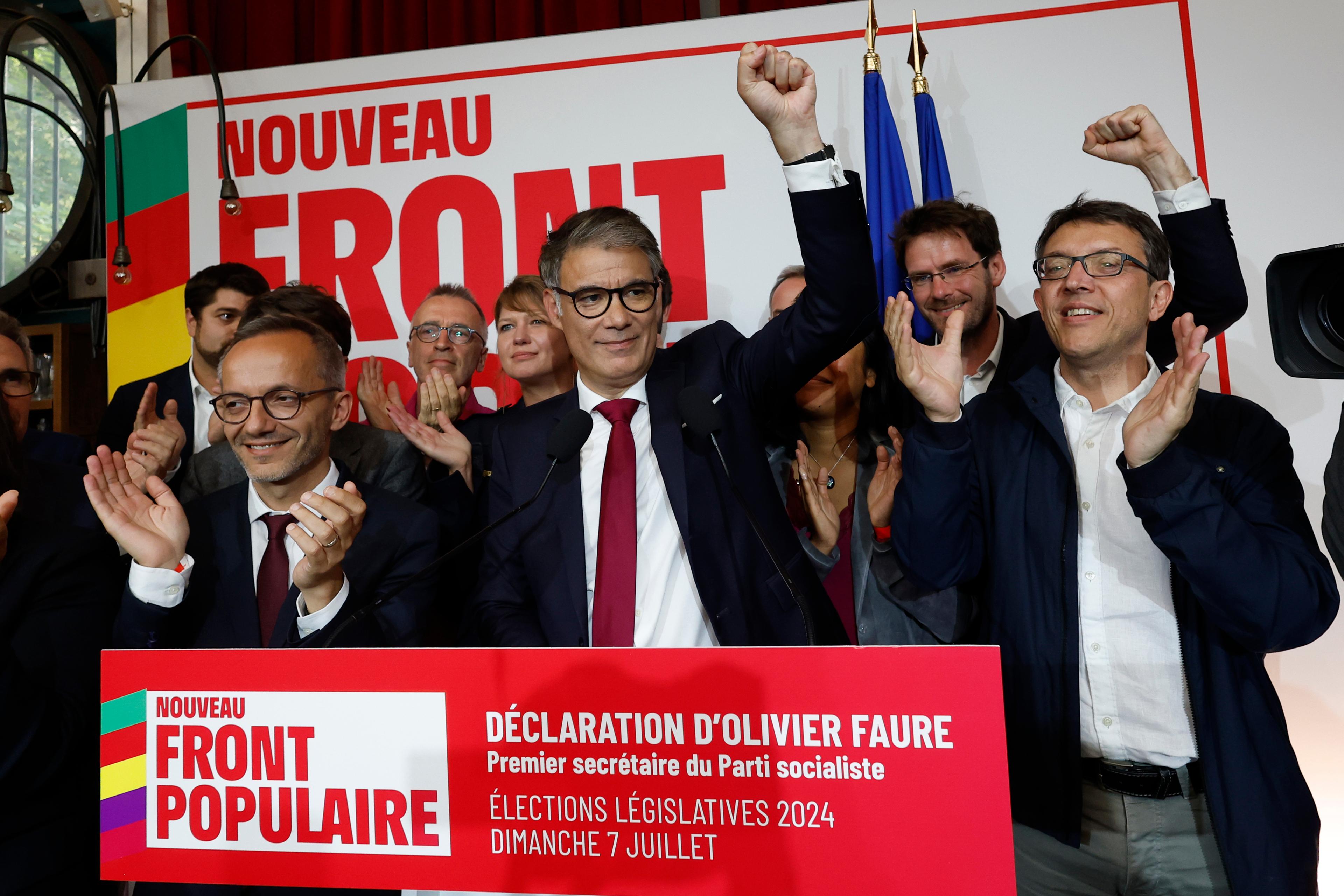 Socialistpartiets ledare Olivier Faure under partiets valvaka den 7 juli. Foto: Aurelien Morissard/AP/TT