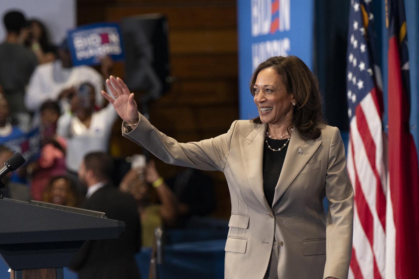 USA:s vicepresident Kamala Harris i Fayetteville, North Carolina, den 18 juli. Nu satsar hon på att bli landets nästa president. Foto: Allison Joyce/AFP via Getty Images