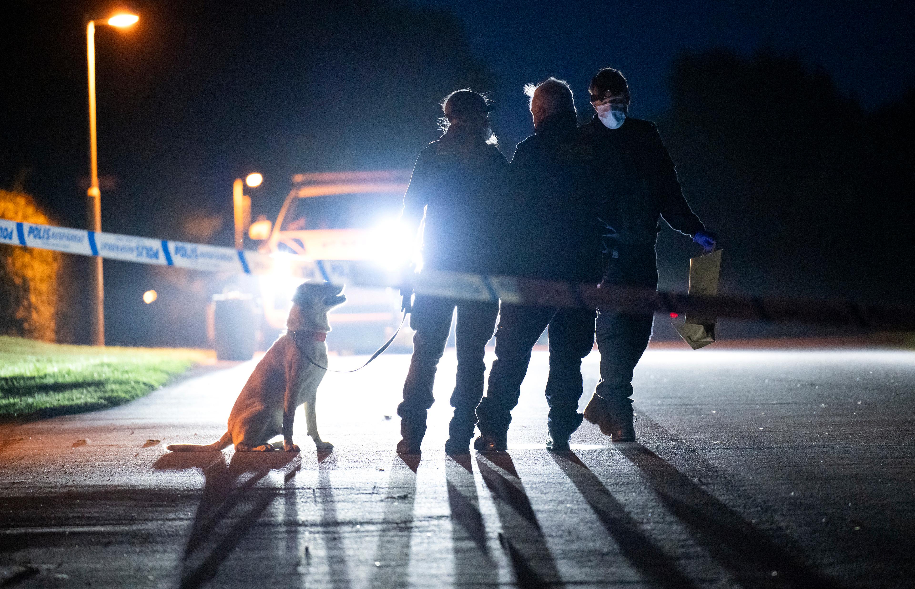 Kriminaltekniker och polis med specialsökhund arbetar i ett villaområde i centrala Skurup efter larm om skottlossning natten till söndagen. En man i 50-årsåldern dödades. Arkivbild. Foto: Johan Nilsson/TT