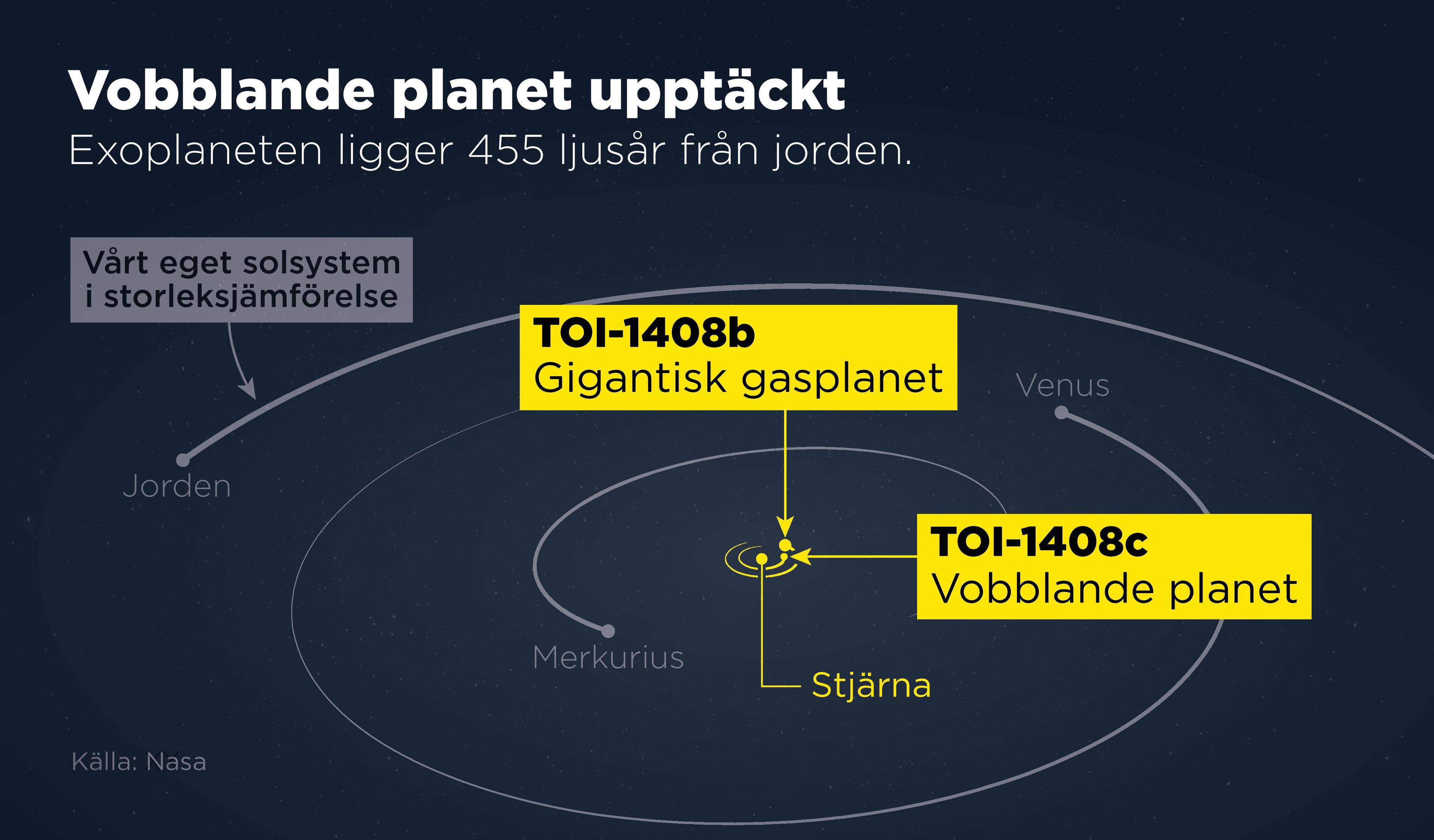 En exoplanet 455 ljusår från jorden har en ovanlig oscillerande omloppsbana som beror på gravitationen hos planetens granne – en gigantisk gasplanet. Foto: Anders Humlebo/TT