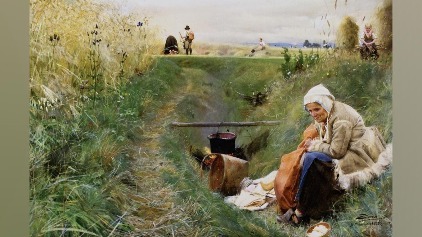 Konstverket ”Vårt dagliga bröd” (1886) föddes när National­museum uppmuntrade Anders Zorn att måla ett ”fosterländskt” ämne. Han tog sig för ”att måla en kulturbild av vad jag hade kärast och kände bäst, den åker och det dike där jag lekt som liten medan de stora skördade”. Målningen 
skildrar skörden på en av Zorn­släktens åkrar. Konstnärens mormor Hass Karin Andersdotter ses i förgrunden. Zorn växte upp hos sina morföräldrar, och han stod speciellt sin mormor nära. 1883 målade han ett kärleksfullt porträtt av henne. Zorns syster har stått modell för den lilla flickan till höger. Zorns morbror Lars syns i fonden arbeta med lien. Oljan förmedlar, trots att den visar det hårda kroppsarbetet, en känsla av trygghet och harmoni, något som går igen i många av Zorns folklivsskildringar från hembygden.   
Foto: Public Domain