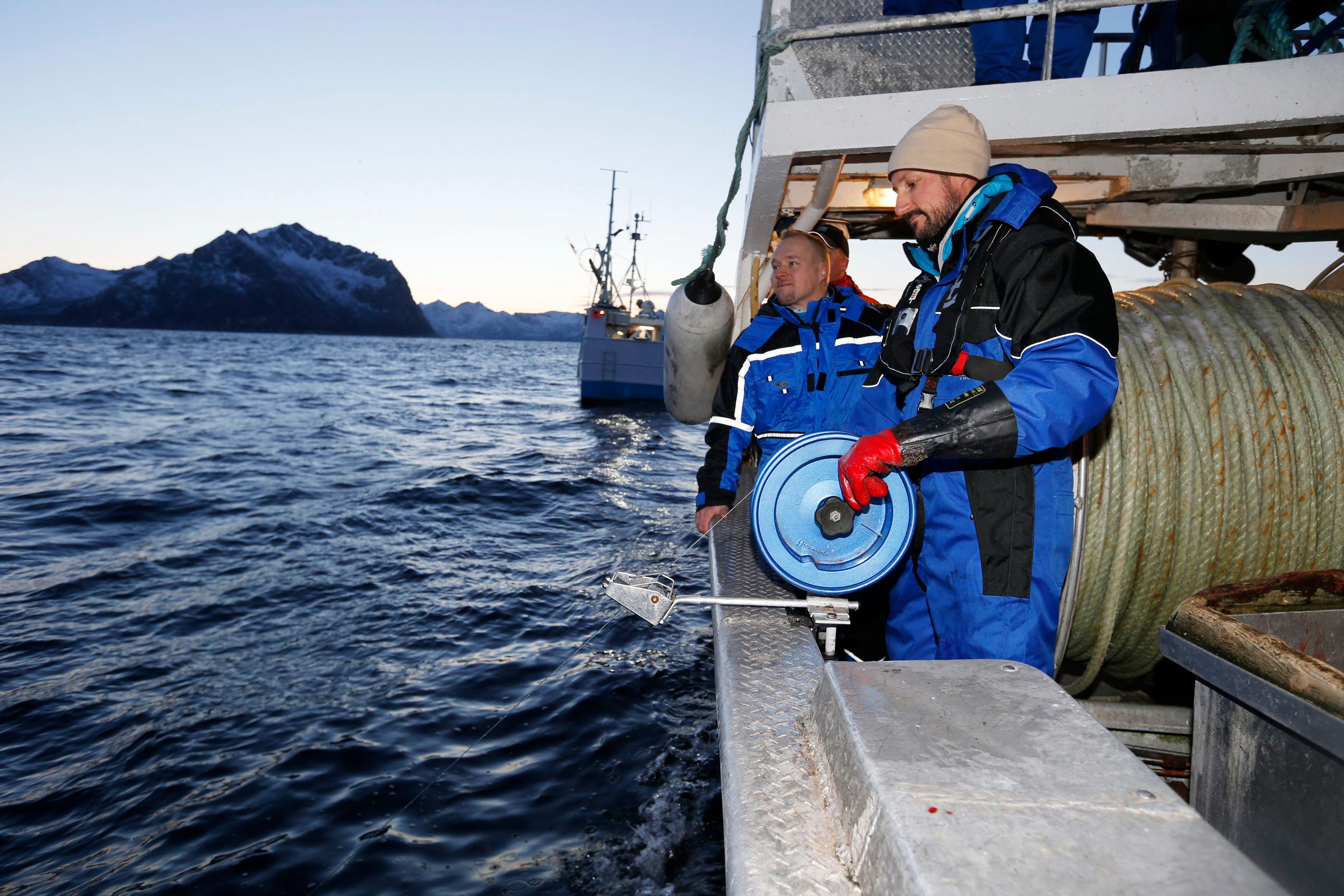 Norges kronprins Haakon testar på fiskarlivet på en norsk båt 2015.. Foto: Cornelius Poppe/NTB/TT