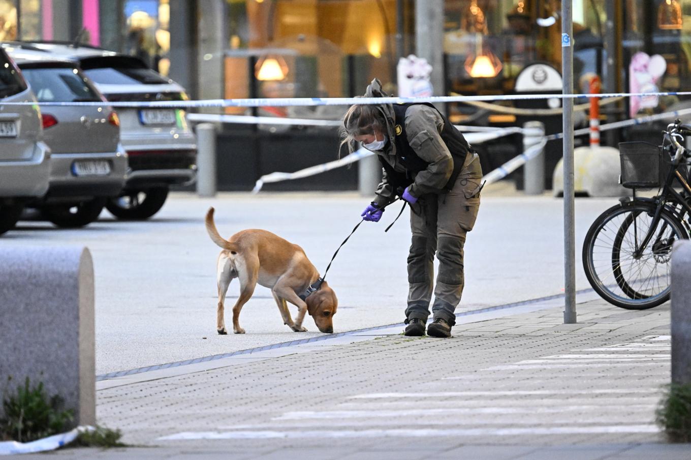 Polis och kriminaltekniker på plats på Mobilia i Malmö efter en skottlossning den 3 oktober förra året. Foto: Johan Nilsson/TT